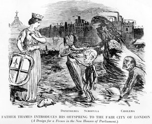 Thames atya bemutatja utódait a londoni Fair Cityben, az utódok diftéria, skrofula és kolera. Inkább nyílt csatorna, mint folyó, a londoni Temze undorító állama. alkotó: English School