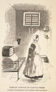 Női elítélt vászonruhában (ruha szakításáért büntetés alatt), illusztráció a londoni büntetőbörtönből, valamint Henry Mayhew és John Binny jelenetek a börtönéletből, kocsma. 1862 (engra alkotó: English School