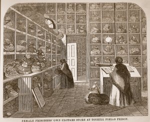A női foglyoknak ruhaüzletük van a Tothill Fields-i börtönben, illusztráció a londoni bűnügyi börtönből, valamint Henry Mayhew és John Binny jelenetek a börtönéletből, kocsma. 1862 alkotó: English School