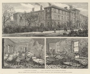 Tűz a Forest Gate-nél, Stratford, a Whitechapel Kerületi Iskola és a Poplar Unions (metszet) alkotó: English School