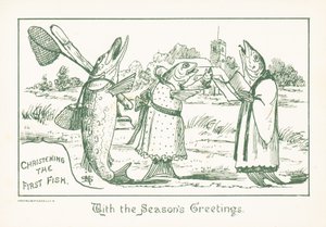 Fische in Kleidung singen, Weihnachtskarte