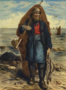 Halász, aki a hálóját cipeli, és a fogását tartja (színes metszet) alkotó: English School