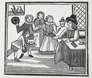 Fitzwarren fogadja a szolgái vállalkozását, illusztráció a Chap-books of the Eighteenth Century-ből, John Ashton, kocsma. 1882 alkotó: English School