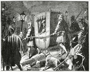 V. Károly császár menekülése 1552-ben a Maurice szász választófejedelem által vezetett protestáns lutheránus csapatok elől, 1882 alkotó: English School