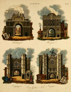Négy városkapu: Bishopsgate, Moorgate, Cripplegate és Newgate, metszett J. Pass, kocsma. írta G. Jones alkotó: English School