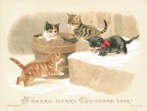 Négy kis cica játszik, karácsonyi üdvözlőlap alkotó: English School