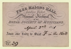 Ingyenes Masons Hall, női jegy, éves fesztivál, Royal Society of Musicians, 1841. április 2. alkotó: English School