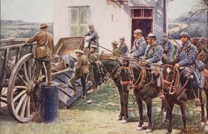 Francia Lancerek érkeznek a falu egyik előőrsére, a brit erők segítségére, 1914-1919 alkotó: English School