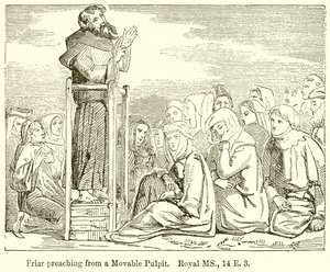 Egy mozgó szószékről prédikál szerzetes. Royal MS., 14 E. 3 alkotó: English School