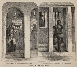 Foglyokat látogató barátok, illusztráció a londoni bűnügyi börtönökből és Henry Mayhew és John Binny jelenetei a börtönéletből, kocsma. 1862 alkotó: English School