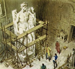 Michaelangelo egy hatalmas márványtömbből megalkotta a Dávidot (színes litográfia). alkotó: English School