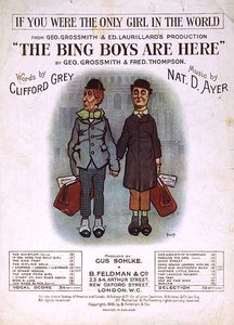 A „The Bing Boys are Here” kottájának első borítója, Geo Grossmith és Fred Thompson, szavak: Clifford Grey, zene: Nat D. Ayer (színes litó) alkotó: English School
