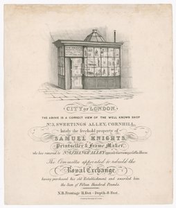 A 3. szám eleje, Sweetings Alley, Cornhill, nemrégiben Samuel Knights, a nyomdakereskedő és a keretkészítő tulajdona alkotó: English School