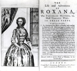 Az 1765-ben megjelent Daniel Defoe Roxana élete és kalandjai címlapja és címlapja alkotó: English School