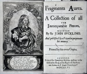 A Fragmenta Aurea előlapja, a Sir John Suckling által írt összes összehasonlíthatatlan darab gyűjteménye, 1646-ban megjelent alkotó: English School