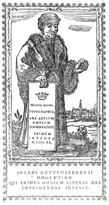 Johannes Gutenberg frontképe Philip Luckombe A nyomtatás eredetének és fejlődésének tömör történetéből, 1770-ben megjelent alkotó: English School