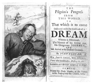 John Bunyan (1628-88) kocsma: The Pilgrims Progress frontispiece. 1680-ban alkotó: English School