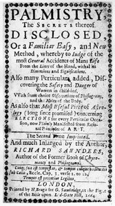 Frontispiece to tenyérjóslás, Richard Saunders által feltárt titkai, 1664 alkotó: English School