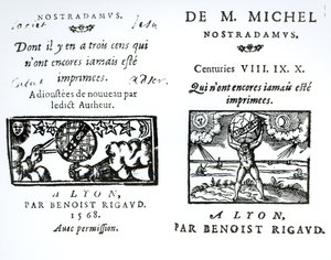 Frontispiece to The Prophecies of M. Michel Nostradamus, pub. írta: Benoist Rigaud, 1568 alkotó: English School