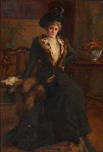 Szőrmével bélelt ruhás fiatal nő teljes alakos portréja (olaj, vászon) alkotó: English School