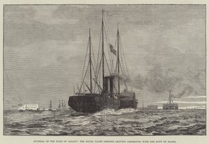 Albany hercegének temetése, az Osborne királyi jacht, a holttesttel a fedélzeten elhagyva Cherbourgot (metszet) alkotó: English School