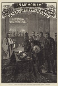 Alice hercegnő, a walesi herceg és Lipót herceg temetése, akik megkoszorúzzák a koporsót a Rosenhohe-i családi mauzóleumban (metszet) alkotó: English School