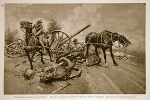 Gallipoli: Munster Fusiliers által kimentett lovak egy török ágyútűz által összetört vagonból, 1914-1919 alkotó: English School