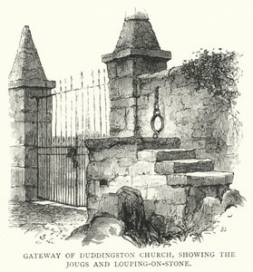 A Duddingston-templom kapuja, a Jougs és a Louping-on-Stone ábrázolásával (metszet) alkotó: English School