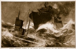Német tengeralattjáró, amelyet a brit Destroyer Badger döngölt a belga partoknál, 1914-1919 alkotó: English School