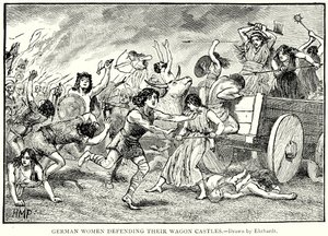 Német nők védik szekérvárukat (metszet) alkotó: English School