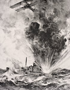 1915. augusztus 26-án bombázták és elsüllyesztették a német tengeralattjárót, a „The War Illustrated Album deLuxe” című kiadványból, amely 1916-ban jelent meg Londonban (litho) alkotó: English School