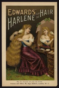 Lány keféli hosszú szőke haját; Edward Harlene a hajért (chromolitho) alkotó: English School