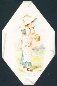 Lány kezében baba és kosár, karácsonyi kártya alkotó: English School