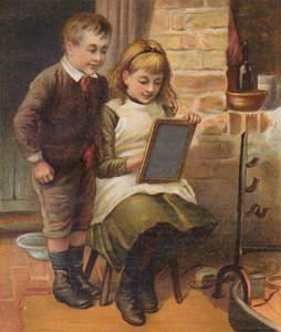 Lány segít a bátyjának a házi feladatában (chromolitho) alkotó: English School