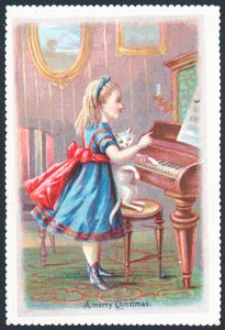Lány macska állt zongoránál, karácsonyi kártya alkotó: English School