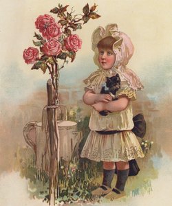 Lány egy macskával és egy rózsafával (chromolitho) alkotó: English School