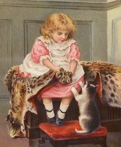 Leopárdbőrös lány és házimacska (chromolitho) alkotó: English School