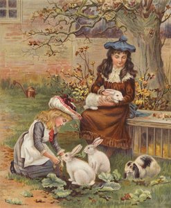 Lányok gondozzák házinyulaikat (chromolitho) alkotó: English School