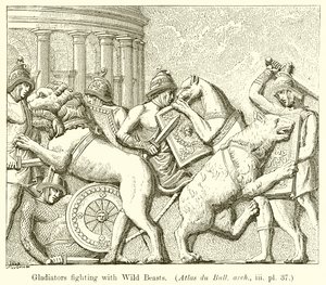 Vadállatokkal harcoló gladiátorok. (Atlas du Bull. arch., iii. pl. 37)