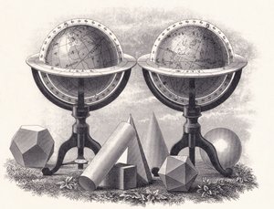 A Föld és az ég földgömbjei geometriai formákkal alkotó: English School