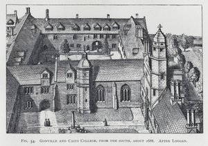 Gonville és Caius College, délről, 1688 körül, Loggan nyomán (metszet) alkotó: English School