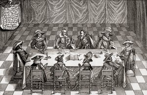 Nagy-Britannia haditanácsa I. Jakab uralkodása alatt, J. R. Green „Az angol nép rövid története” című művéből, 1893-ban. alkotó: English School