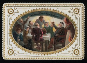 Férfiak és nők csoportja a 16. századból az ünnepi időszakra koccintva, karácsonyi üdvözlőlap (chromolitho) alkotó: English School