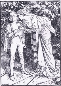 Guenevere elküldi oldalát Lancelotnak segítségért, a Longmans Green and Co által kiadott „The Book of Romance” illusztrációval. alkotó: English School