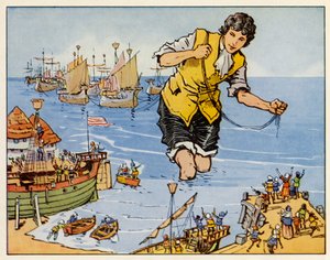 Gulliver utazásai: Blefuscunál elfogja a flottát (színes litográfia). alkotó: English School