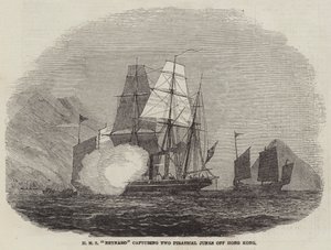 A HMS "Reynard" két kalózszemetet fog el Hongkong mellett (metszet) alkotó: English School