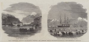 A HMS "Termagant" a "Grappler" és az "Forward" ágyúhajókat konvojálja a Magellán-szoroson keresztül (metszet) alkotó: English School