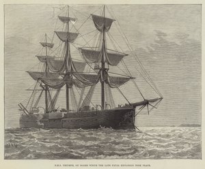 HMS Triumph, amelyen a késői végzetes robbanás történt (metszet) alkotó: English School