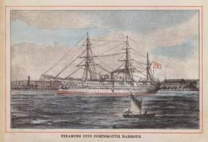 HM indiai csapatszállító hajó: Portsmouth kikötőjébe érkezik (színes metszet) alkotó: English School