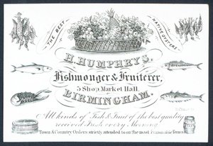H Humphrys, Fishmonger és Fruiterer, kereskedelmi kártya alkotó: English School